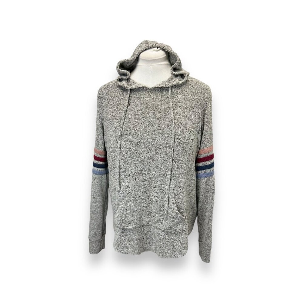 Pink Rose Women’s Gray Relaxed Striped Sleeve Knit Sweatshirt Hoodie size L